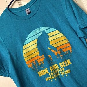 Mackinac Island MI Bigfoot Hide and Seek Champion distressed graphic tshirt